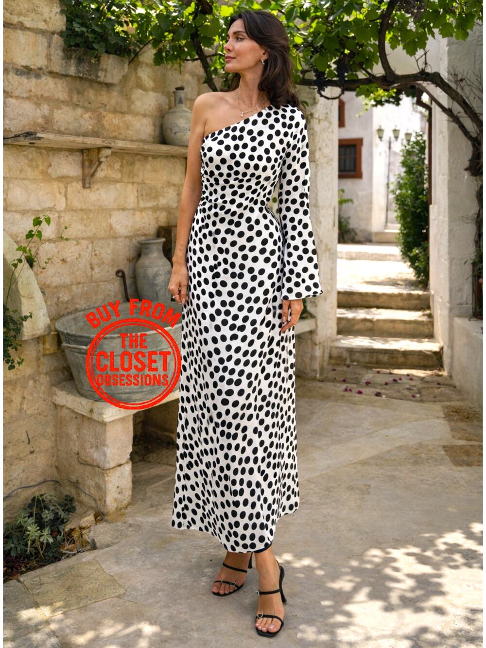 MANGO One Shoulder Polka Dot Maxi Dress NWT Black White Wedding Guest Size 6